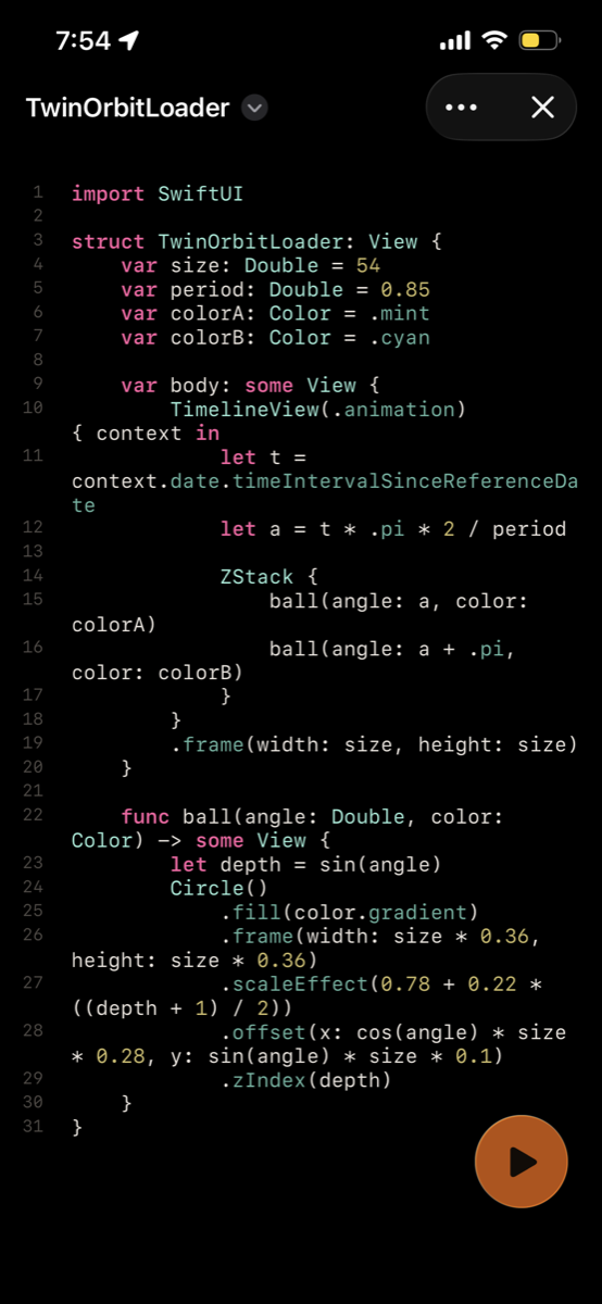 The Swoop editor showing the TwinOrbitLoader source with line numbers and a play button
