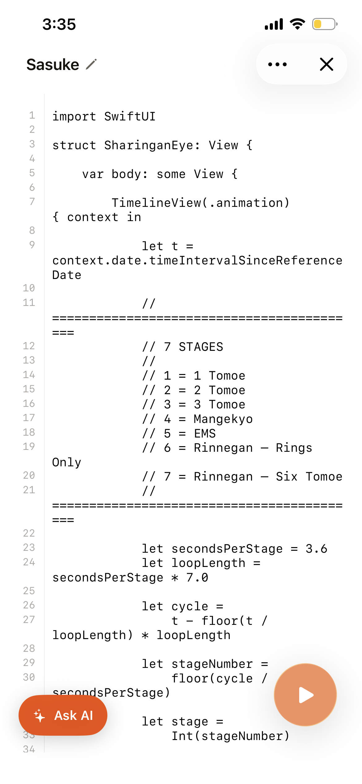 The Swoop editor open on a file named Sasuke. SwiftUI for SharinganEye, with Ask AI and a play button.